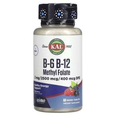 Вітамін KAL Вітаміни B6+B12 та метилфолат, смак ягід, B-6 B-12 Methyl Folate, 60 ми (CAL-29151)