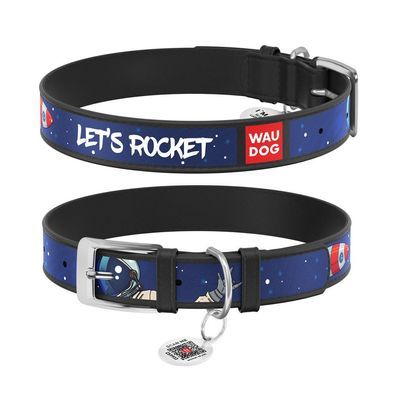 Нашийник для тварин WAUDOG Design з QR паспортом "Космос. Ракета" L Ш 25 мм Д 37-48 см чорний (0025-0125-01)