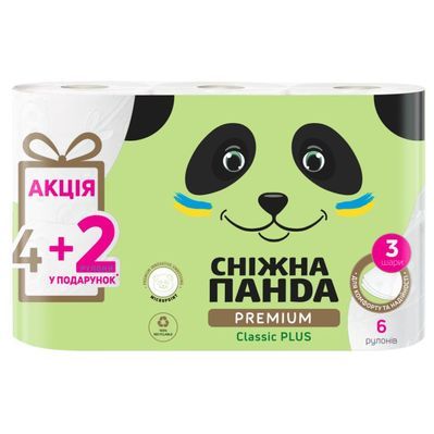 Туалетний папір Сніжна Панда Premium Classic Plus 3 шари 4 + 2 рулони (4820183972828)