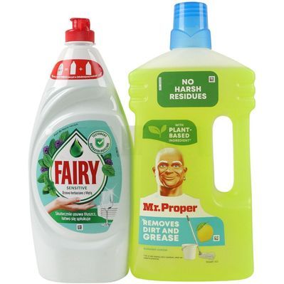 Набір побутової хімії Fairy Засіб для миття посуду Чайне дерево та м'ята 900 мл + Засіб для підлоги Mr. Proper Лимон 1 л (8700216906036)