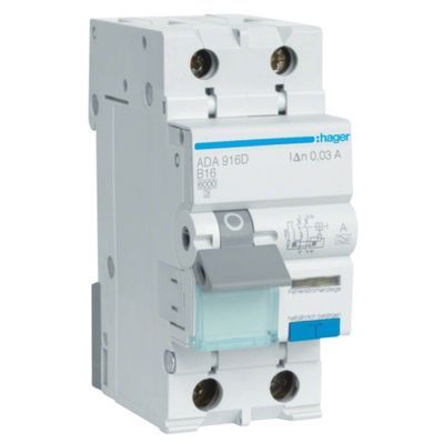 Диференціальний автоматичний вимикач Hager 1-п.+N 16A B 30mA (6kA) A (A) (ADA916D)