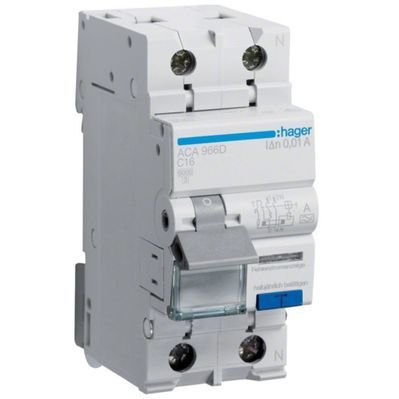 Диференціальний автоматичний вимикач Hager 1-п.+N 16A C 10mA (6kA) A (B) (ACA966D)