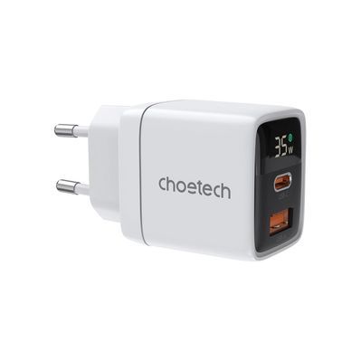 Зарядний пристрій Choetech 1xUSB + 1xUSB-C PD35W with display white (PD6052-EU-WH)
